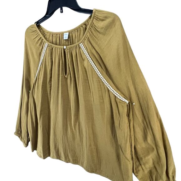Old Navy Blouse Women L Golden Brown Relaxed Embroidered Stitch Boho Cottage Top - Picture 3 of 14